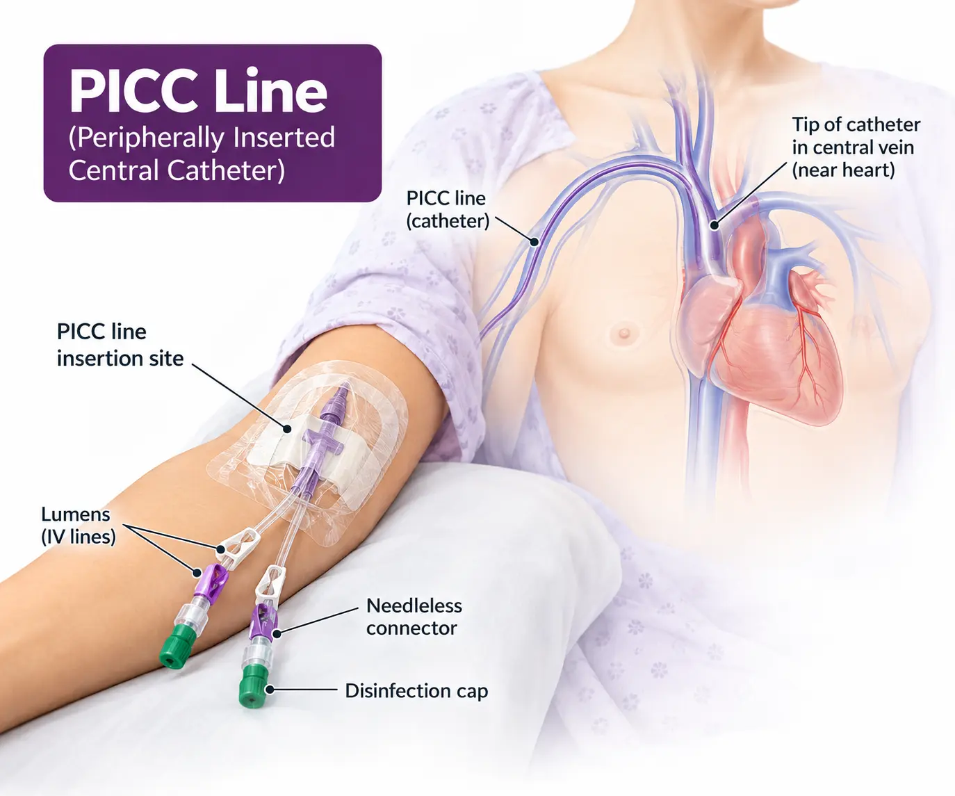 PICC line insertion showing the catheter path through the arm veins to the central vein near the heart, with labelled lumens, needleless connectors, and disinfection caps.
