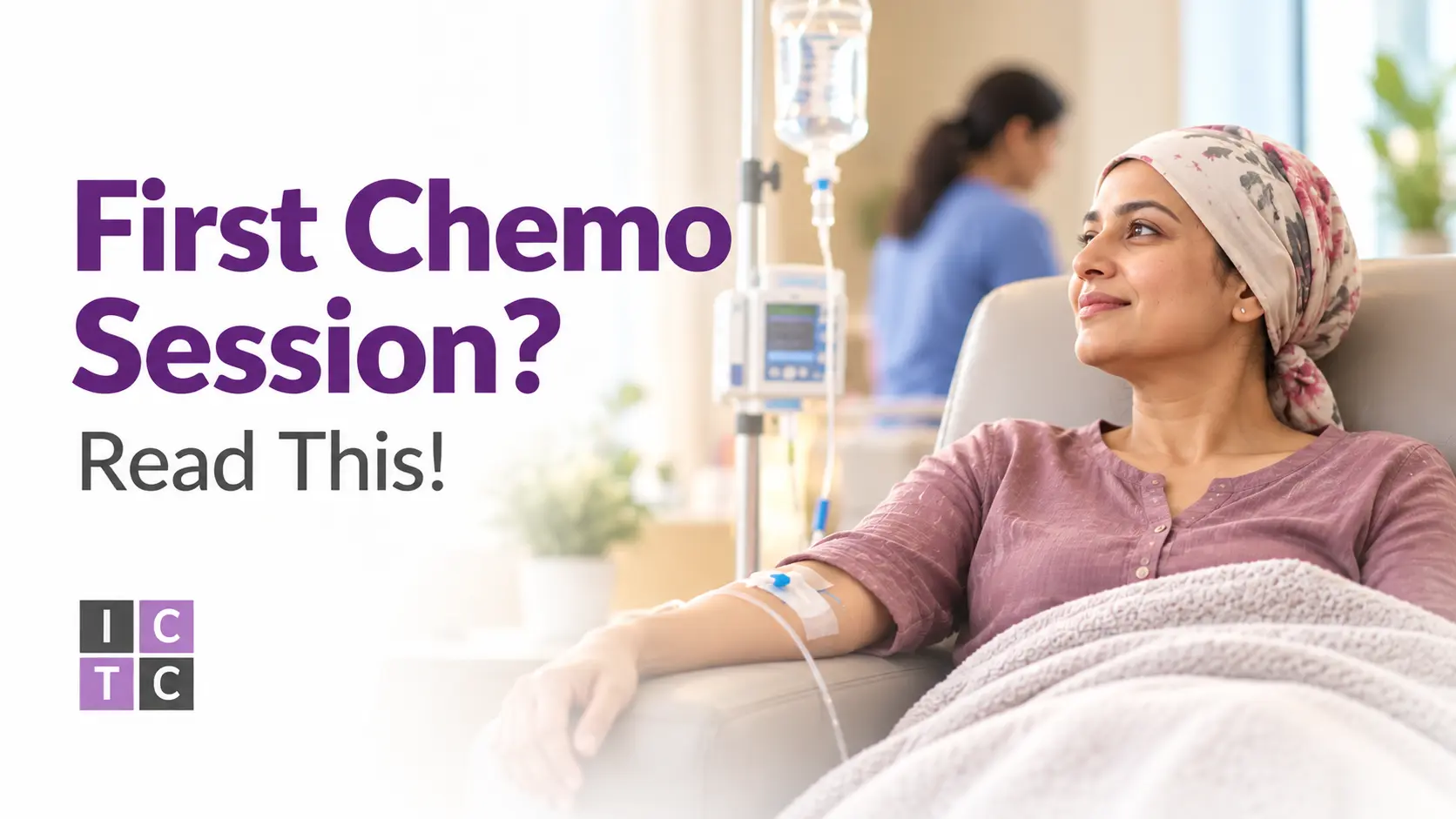 Woman receiving chemotherapy during her first chemo session at a cancer care centre